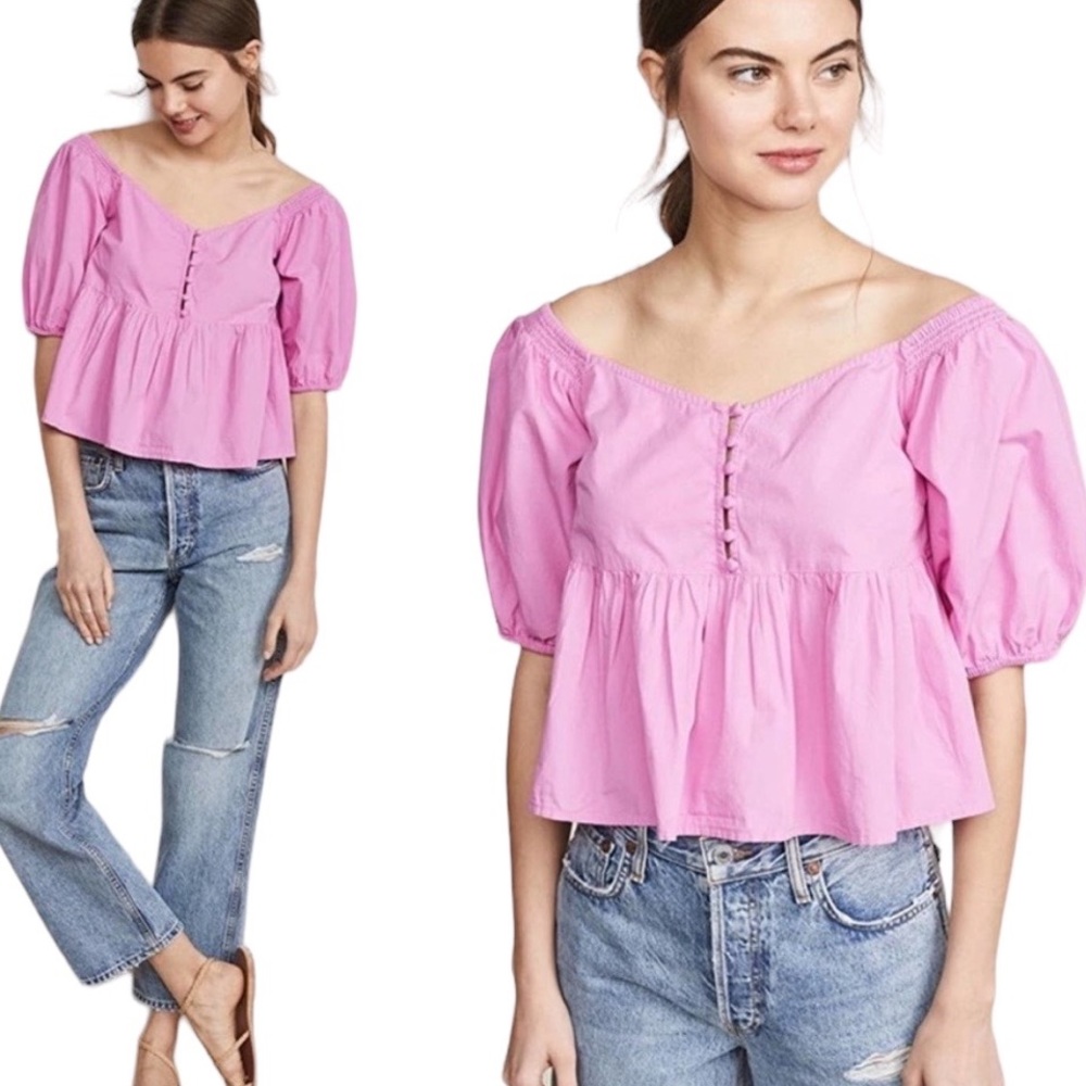 Free People Veronica Pink Puff Sleeve Cropped Peplum Babydoll Top in Orchid - S